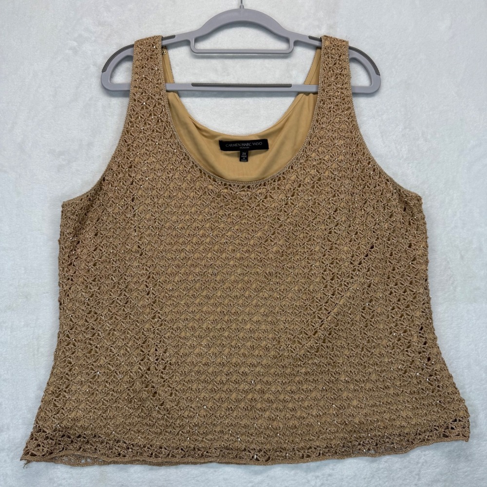 Carmen Marc Valvo metallic crocheted knit Tank Top Sleeveless Lined Party Top 2X
